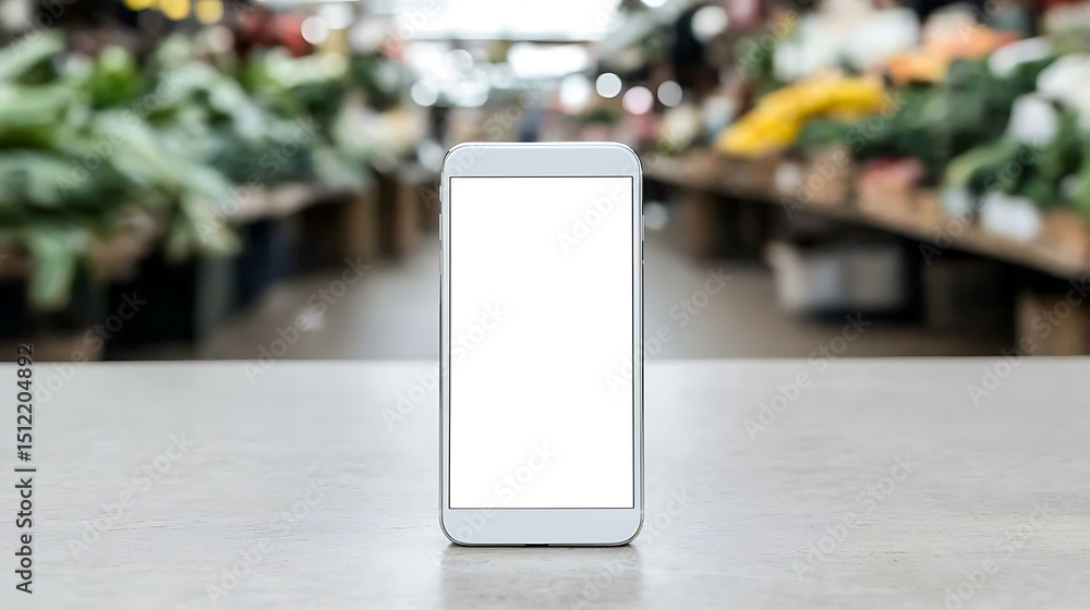 Poster a smartphone on a table with a market background. the device's screen is blank, offering space for c