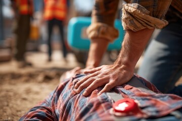Obraz premium A construction worker performs CPR on a colleague lying unconscious at a worksite, with others in safety vests nearby.