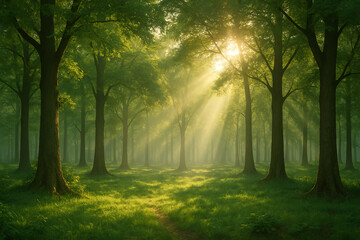 A tranquil forest scene showcasing tall trees bathed in sunlight. The soft rays filter through lush green foliage, creating a serene and peaceful atmosphere in nature.