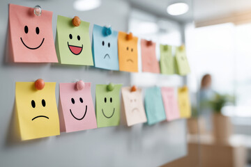 Colorful sticky notes with various smiley faces, ranging from happy to sad, are pinned to a glass board in an office setting.