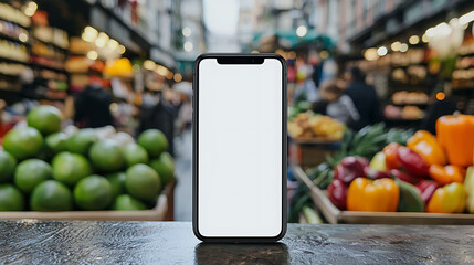 Smartphone with blank screen displayed against a fresh market backdrop with peppers, avocados and limes. Shopping or food-related application promotion.