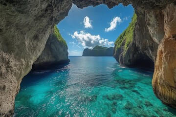 Fototapeta premium Tropical Sea Cave Opening to Crystal Blue Waters and Sky