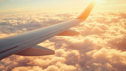 Obraz premium The view from above is spectacular, showcasing a cloudy sunrise sky with an airplane flying beyond the fluffy white clouds, a truly mesmerizing scenery