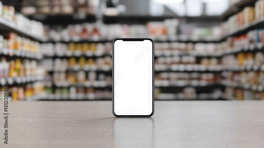 Poster smartphone with a blank screen on a grocery store counter. shelves full of products are blurred in t