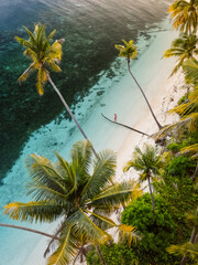 Woman on the trunk of a lying palm tree in sea on her tropical holidays. Drone view of paradise beach