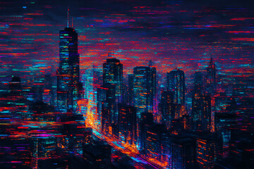 A vibrant, digitally rendered city skyline at night. Tall buildings illuminated with colorful lights create a futuristic atmosphere, showcasing urban beauty and energy.
