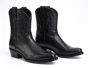 Pair of black leather boots with intricate stitchwork on the shaft. Western style.