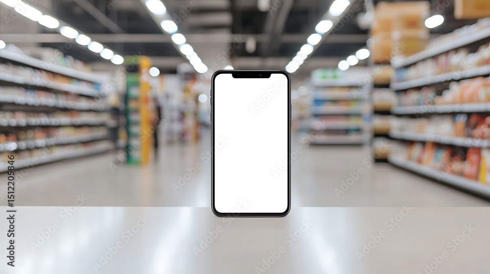 Poster a smartphone with a blank screen is placed on a surface in a blurry supermarket aisle. space for an 
