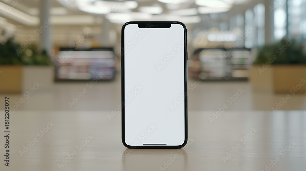 Poster a mobile device with a blank screen sits on a wooden surface, blurring the background and giving the