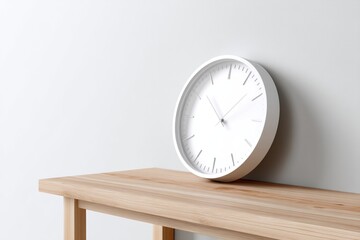 A minimalist white wall clock rests on a light wood shelf against a grey wall.