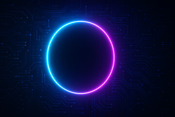 A vibrant neon circle illuminated in blue and pink, set against a dark circuit background. The design symbolizes innovation and digital advancement in modern technology.
