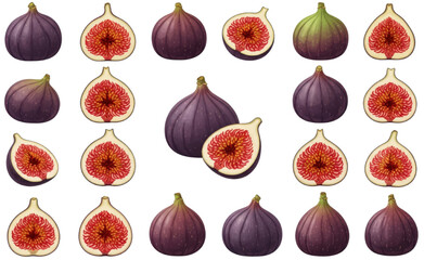 
A collection of realistic fig illustrations, including whole purple and green figs, and halved figs showing the red flesh and small seeds.