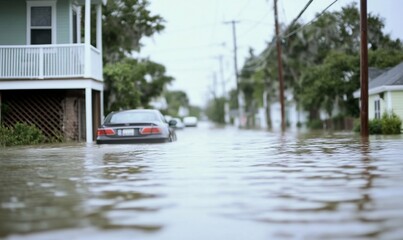 Flooding in residential street.  Houses and cars submerged in floodwaters