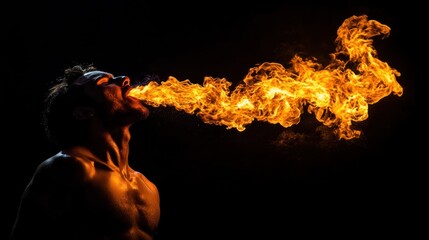 Man Fire Breathing in Dramatic Display of Skill and Performance
