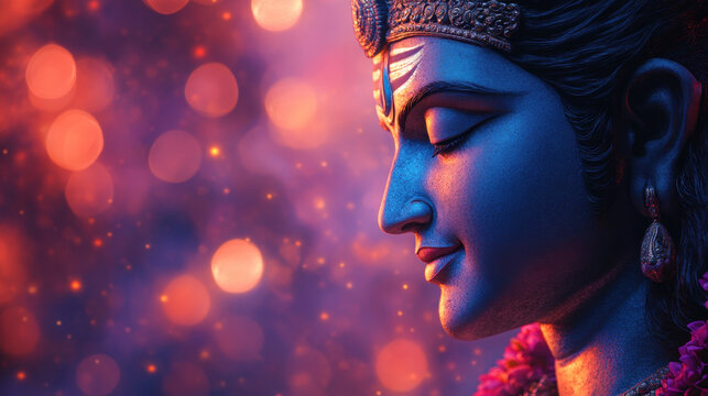 Serene Blue Deity Statue Profile, Red And Purple Bokeh Background