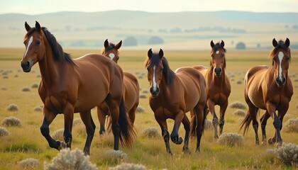 Fototapeta premium Horses Running in Grassy Field