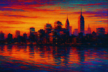 A vibrant sunset reflects off the skyline of a modern city, showcasing iconic buildings and a colorful sky, creating a stunning visual experience that evokes urban beauty.