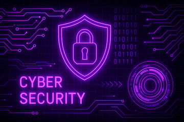 A vivid representation of cyber security in neon colors featuring a shield and padlock, emphasizing data protection in the digital age with modern circuitry elements.