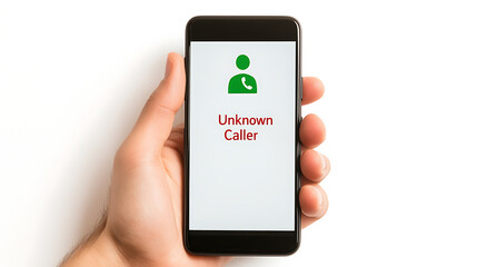 A hand holds a smartphone displaying "Unknown Caller." The screen shows a generic icon of a person with a phone symbol, signaling an incoming call.