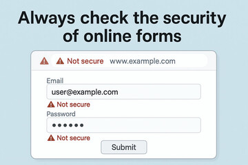 A warning about online form security, emphasizing the importance of verifying secure connections before entering sensitive information. Protect your data with caution.