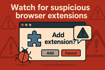 A warning about the dangers of suspicious browser extensions, featuring a computer window prompt with options to add or cancel an extension, fostering cybersecurity awareness.