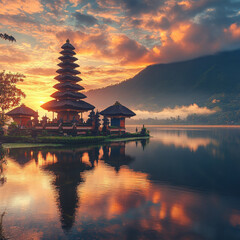 Naklejka premium Serene Sunrise Over a Lake Temple in Indonesia