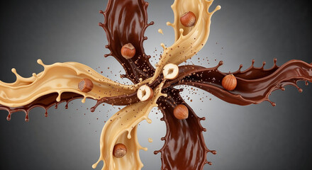 Chocolate and caramel splashes mixing with hazelnuts on gray background