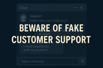 A warning about the presence of fake customer support. Users are encouraged to be cautious when seeking assistance online and to verify the legitimacy of representatives.