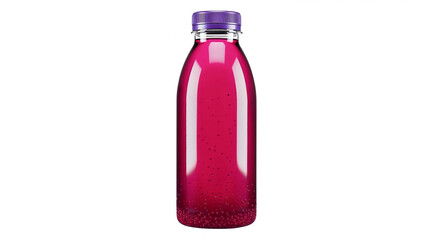 Refreshing pink juice in plastic bottle with purple cap on white background