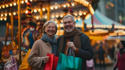 A jubilant older couple, laden with colorful shopping bags, shares a laugh in front of a brightly lit carousel. They're surrounded by the festive atmosphere of an outdoor market. - Powered by Adobe