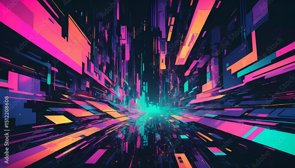 Poster abstract futuristic rectangular building architecture with neon glow and gradient colors