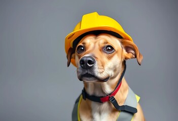 A cheerful dog wearing a work helmet and uniform. Labor Day in the United States. Respect for labor and the unofficial end of summer	