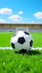 Fototapeta premium Generative AI Image : Soccer ball lying on the grass of a football stadium