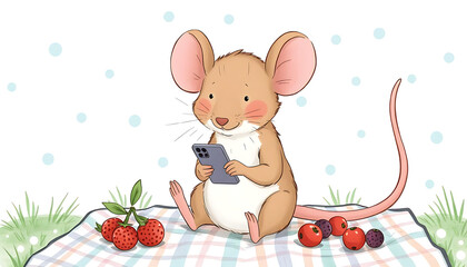 Cute mouse sitting on blanket using smartphone with berries nearby  