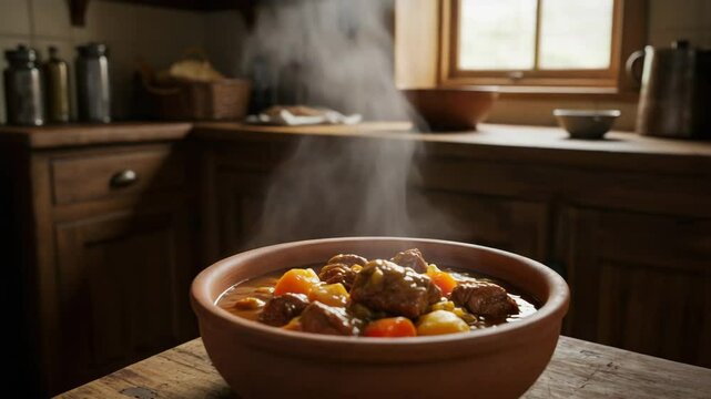 Hearty stew served in rustic bowl with steam rising in kitchen  