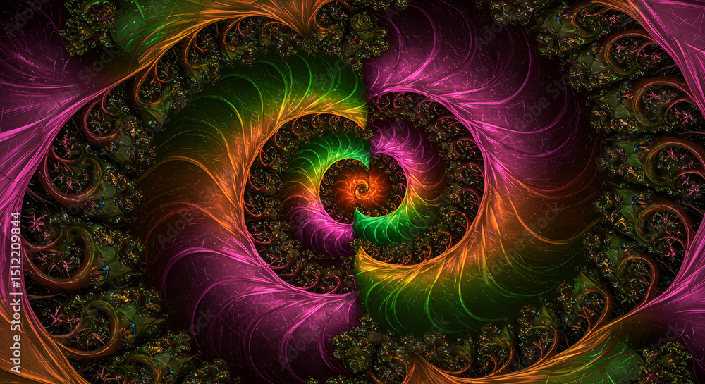 Poster abstract intricate spiral fractal design with gradient color and dark backdrop