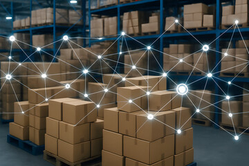 Smart Warehousing: An evocative visualization of a modern warehouse, showcasing a connected network of data overlaid on stacks of neatly arranged packages.