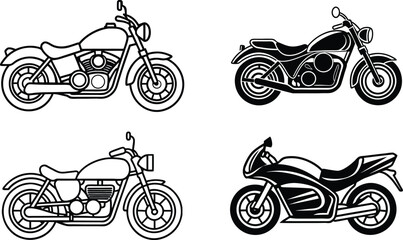 motorcycle silhouette set vector illustration in black on white background, clean and minimal design, side profile with bold lines for automotive graphic use
