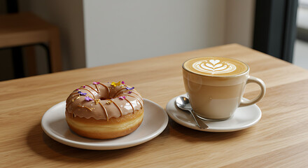 Coffee Latte Art and Gourmet Donut on Wooden Table