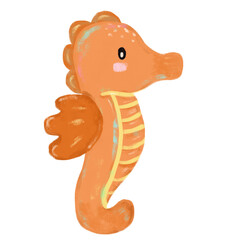 Cute hand drawn orange brown beige seahorse doodle sea ocean beach animals illustration kids seafood sand summer season clipart crayon watercolour sticker design png © doodlyanddeva