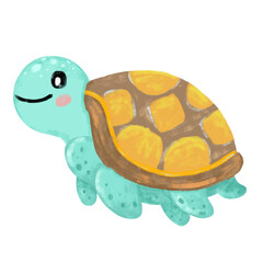 Cute hand drawn green mint turquoise turtle tortoise pastel colors doodle. sea ocean beach animals illustration kids seafood sand summer season clipart crayon watercolour sticker design Png
