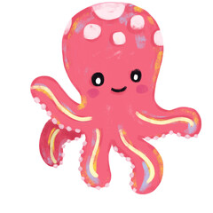 Cute hand drawn red pink octopus doodle sea ocean beach animals illustration kids seafood sand summer season clipart crayon watercolour sticker design Png