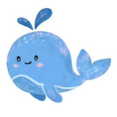 Cute hand drawn blue pink painted whale dolphin pastel colors character doodle sea ocean beach animals illustration kids sand summer season clipart crayon watercolour sticker design Png