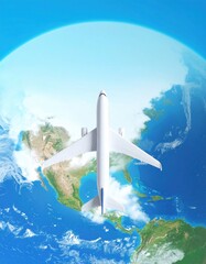 Naklejka premium A commercial airplane flies over North America, with the Earth