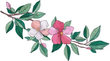 Elegant Blossom Branch: Delicate Pink and White Flowers with Lush Green Leaves