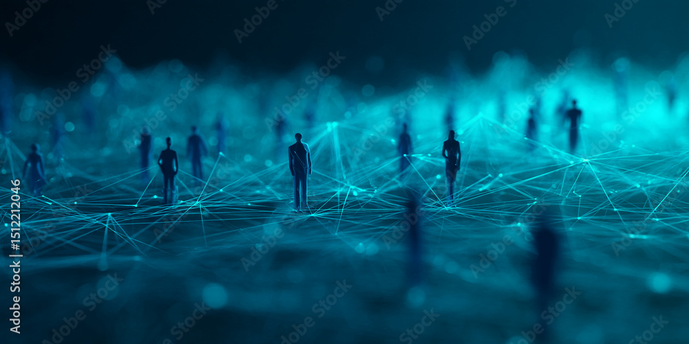 Poster abstract image of interconnected figures on a glowing network, representing global connection, commu