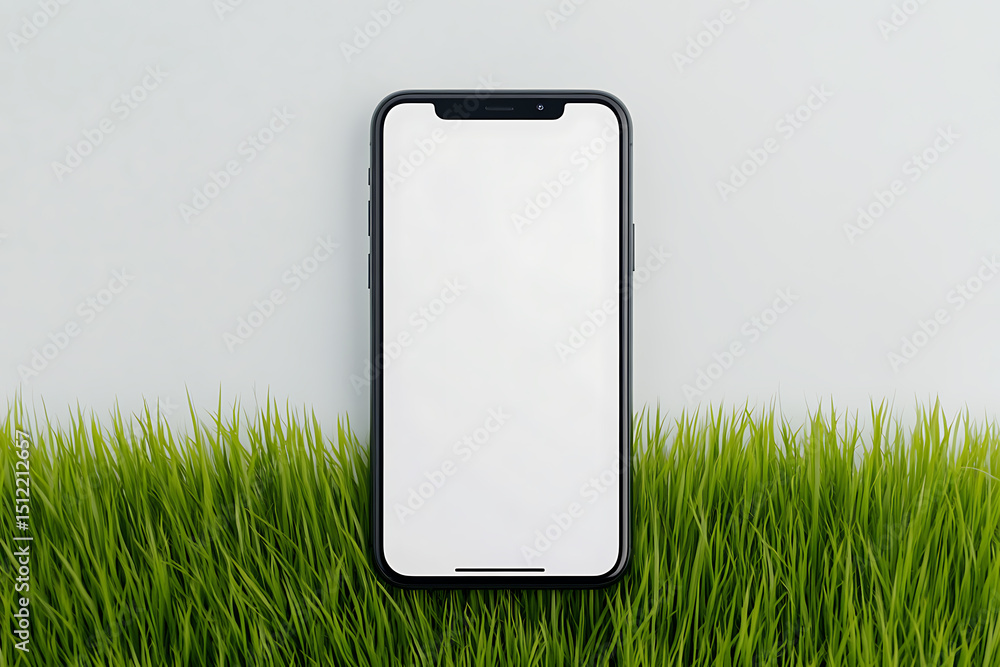 Aufkleber sleek mobile device display amidst vibrant green grass, merging technology with nature. blank screen