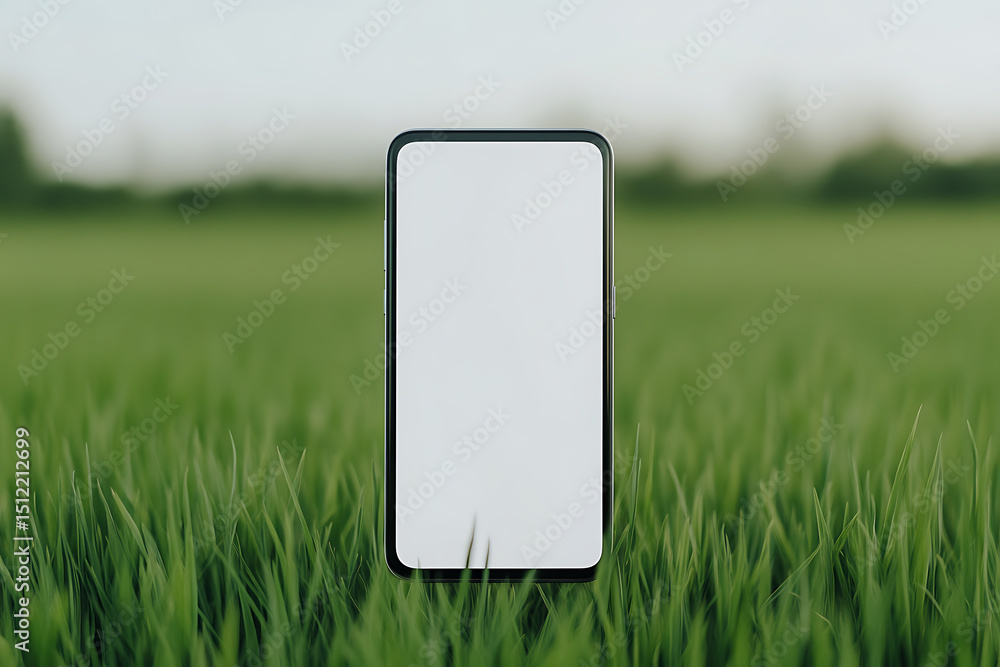 Aufkleber mobile device with blank screen in a green field. focus is on the phone's screen with blurred grass 