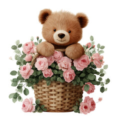 Adorable Teddy Bear in a Basket of Pink Roses A Sweet Illustration