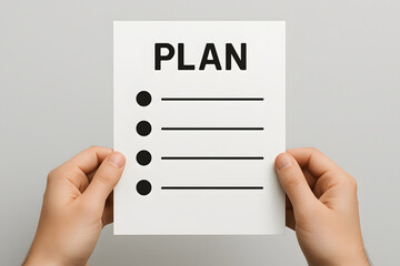 A Written Plan: Hands meticulously holding a crisp, uncluttered page that prominently displays the word "PLAN", embodying the very essence of strategy, organization.